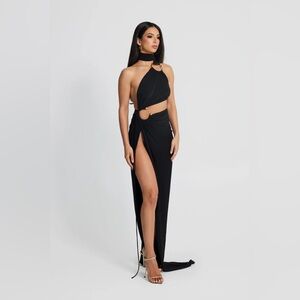 Black One-Shoulder Cutout Maxi Dress with Choker